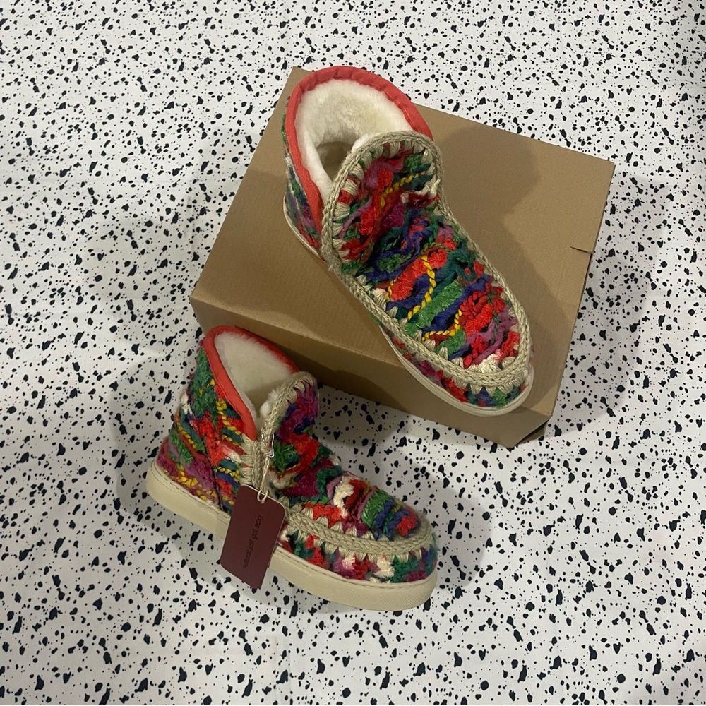 Mou Multicolor Crochet Knit Fleece-Lined Boots